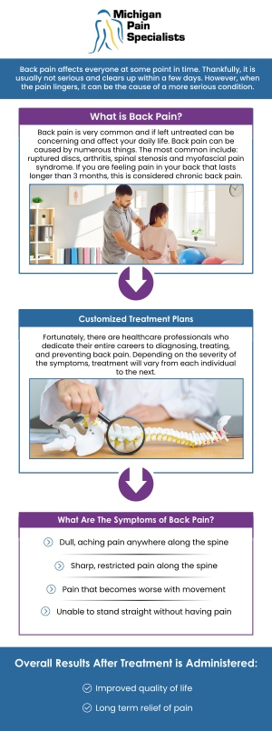 Back pain treatment focuses on identifying the root cause of discomfort and providing personalized care to improve daily function. Patients may experience back pain from conditions affecting the spine, muscles, or nerves, requiring a tailored approach to care. Early evaluation can help manage symptoms and prevent them from worsening over time. At Michigan Pain Specialists, our board-certified doctors, Dr. Louis Bojrab, MD, FIPP, Dr. John Chatas, MD, FIPP, and Dr. Edward Washabaugh, MD, FIPP, provide targeted treatments to support relief and mobility. For more information, contact us or schedule an appointment online. We are conveniently located at 710 Avis Dr #200, Ann Arbor, MI 48108. Back pain treatment focuses on identifying the root cause of discomfort and providing personalized care to improve daily function. Patients may experience back pain from conditions affecting the spine, muscles, or nerves, requiring a tailored approach to care. Early evaluation can help manage symptoms and prevent them from worsening over time. At Michigan Pain Specialists, our board-certified doctors, Dr. Louis Bojrab, MD, FIPP, Dr. John Chatas, MD, FIPP, and Dr. Edward Washabaugh, MD, FIPP, provide targeted treatments to support relief and mobility. For more information, contact us or schedule an appointment online. We are conveniently located at 710 Avis Dr #200, Ann Arbor, MI 48108.