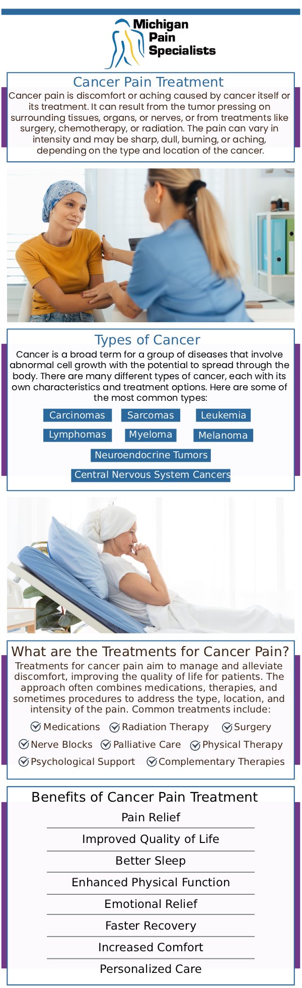 Common questions asked by patients: What cancer pain treatment options are available in Adrian, MI? How does cancer pain management improve quality of life? Is cancer pain treatment covered by insurance? Who are the cancer pain specialists at Michigan Pain Specialists in Ann Arbor, MI? For more information, contact us or request an appointment online. We are conveniently located at 710 Avis Dr #200, Ann Arbor, MI 48108. We serve patients from Ann Arbor MI, Saline MI, Ypsilanti MI, Dexter MI, and surrounding areas.