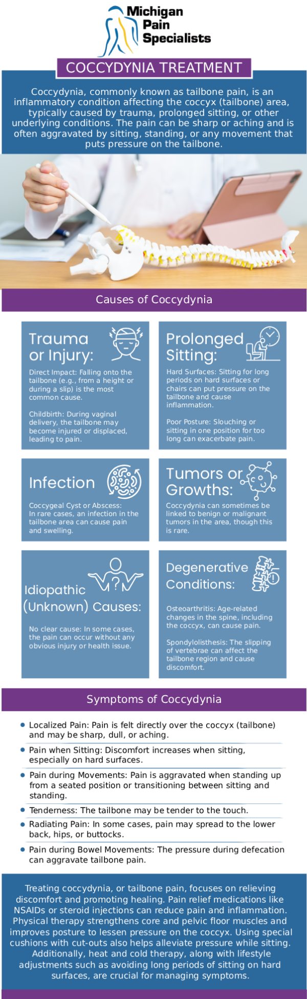 Common questions asked by patients: What is coccydynia, and how is it treated? How long does it take to get relief from coccydynia treatment? What noninvasive options are available for tailbone pain relief? How can board-certified doctors at Michigan Pain Specialists help with coccydynia tailbone pain in Ann Arbor, MI? For more information, contact us or request an appointment online. We are conveniently located at 710 Avis Dr #200, Ann Arbor, MI 48108. We serve patients from Ann Arbor MI, Saline MI, Ypsilanti MI, Dexter MI, and surrounding areas.