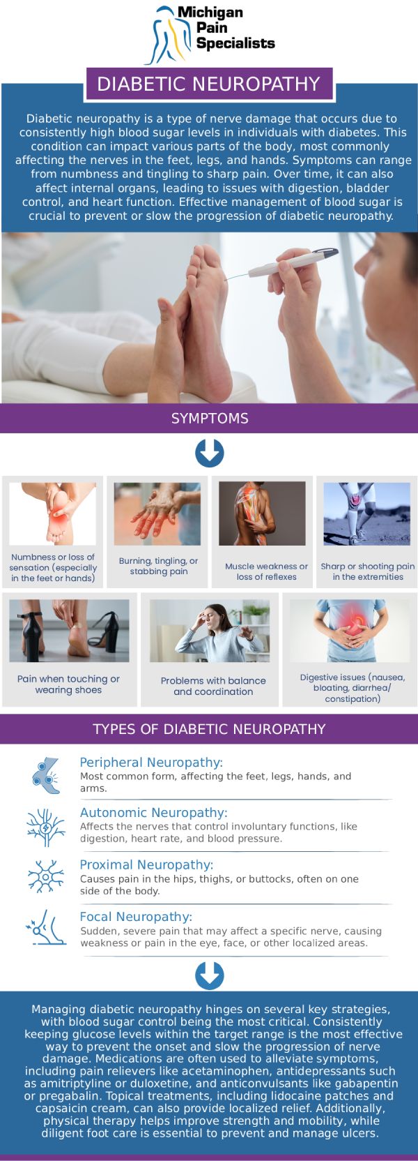 Common questions asked by patients: What is diabetic neuropathy, and how is it treated? How long does it take to see improvement with diabetic neuropathy treatment? What noninvasive treatments are available for diabetic neuropathy? How can specialists at Michigan Pain Specialists help with diabetic neuropathy? For more information, contact us or request an appointment online. We are conveniently located at 710 Avis Dr #200, Ann Arbor, MI 48108. We serve patients from Ann Arbor MI, Saline MI, Ypsilanti MI, Dexter MI, and surrounding areas.